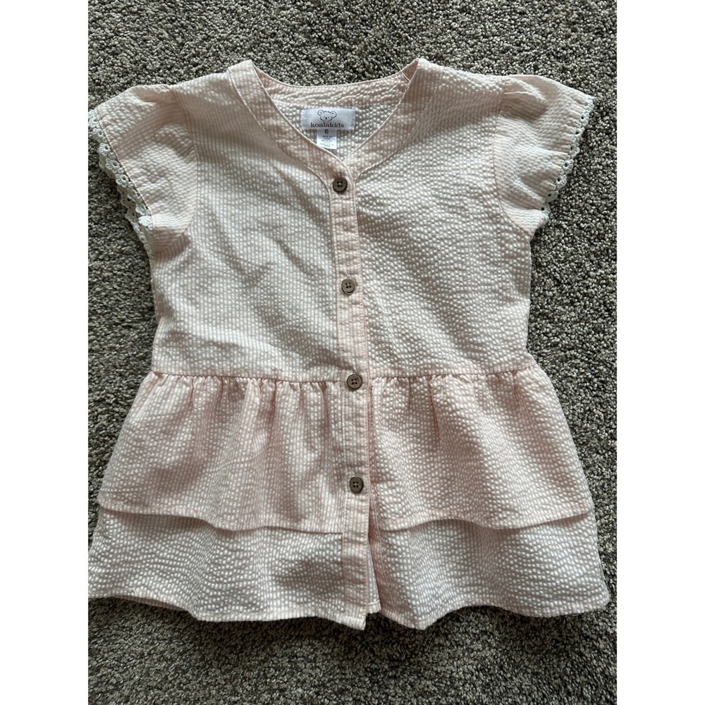 Koala Kids Girls Pink Seersucker Peplum Button Down Top Size 6 Lace Trim